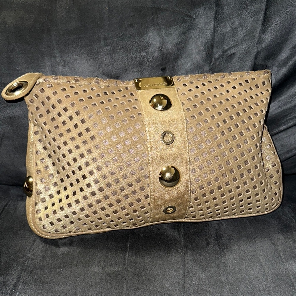 Jimmy Choo Gold Shimmer Perforated Suede Clutch with Gold Hardware